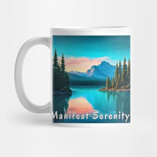 Manifest Serenity Forested Lake Sunset Mug